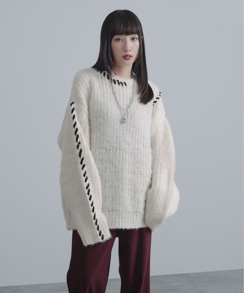 Ellno Loset（エルノロゼット）の「ハンドステッチシャギーニット（ニット/セーター・メンズ・ブラック/オフホワイト/パープル・MEDIUM/SMALL/LARGE）」の8枚目の写真