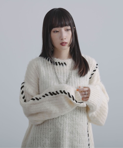 Ellno Loset（エルノロゼット）の「ハンドステッチシャギーニット（ニット/セーター・メンズ・ブラック/オフホワイト/パープル・MEDIUM/SMALL/LARGE）」の10枚目の写真