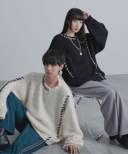 Ellno Loset（エルノロゼット）の「ハンドステッチシャギーニット（ニット/セーター・メンズ・ブラック/オフホワイト/パープル・MEDIUM/SMALL/LARGE）」の13枚目の写真