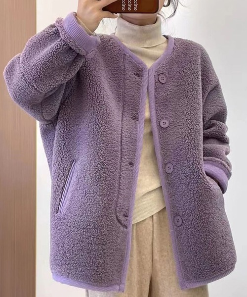 aimoha（アイモハ）の「カラーボアノーカラージャケット（ブルゾン・レディース・オフホワイト/パープル・LARGE/MEDIUM/X-LARGE）」の6枚目の写真