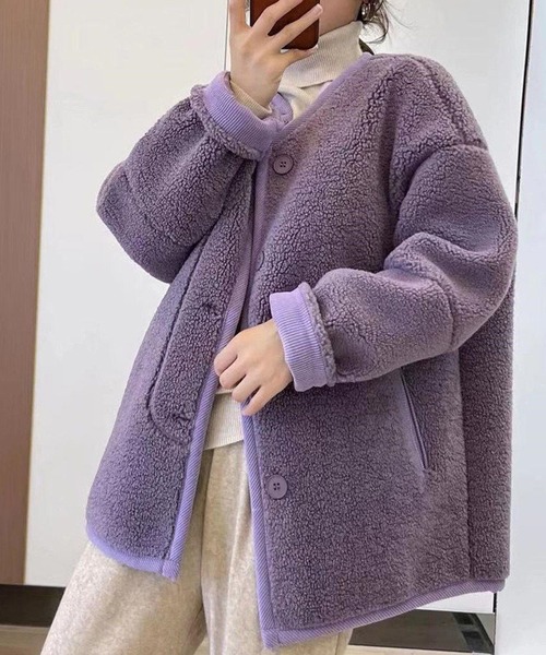 aimoha（アイモハ）の「カラーボアノーカラージャケット（ブルゾン・レディース・オフホワイト/パープル・LARGE/MEDIUM/X-LARGE）」の8枚目の写真