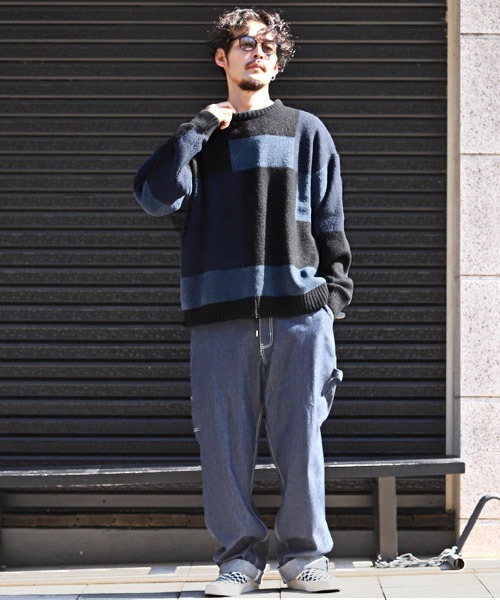 LUXSTYLE(ラグスタイル)の「ブロッキング柄オーバーサイズニット(ニット/セーター・メンズ・ブルー/ベージュ/グレー/ブラック・M/L)」の15枚目の写真