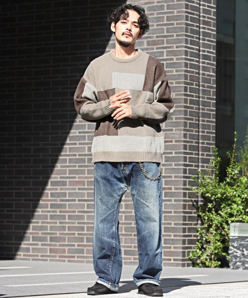 LUXSTYLE(ラグスタイル)の「ブロッキング柄オーバーサイズニット(ニット/セーター・メンズ・ブルー/ベージュ/グレー/ブラック・M/L)」の16枚目の写真