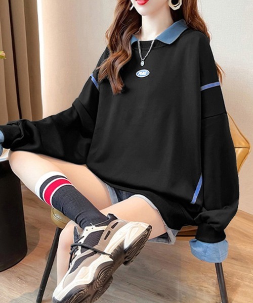 Miniministore(ミニミニストア)の「レイヤード風 スウェット 薄手トレーナー(Tシャツ/カットソー・レディース・イエロー/ホワイト/ブラック・FREE)」の5枚目の写真
