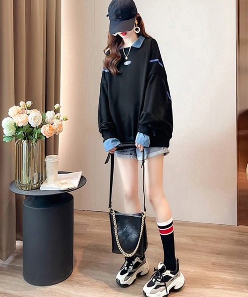 Miniministore(ミニミニストア)の「レイヤード風 スウェット 薄手トレーナー(Tシャツ/カットソー・レディース・イエロー/ホワイト/ブラック・FREE)」の6枚目の写真