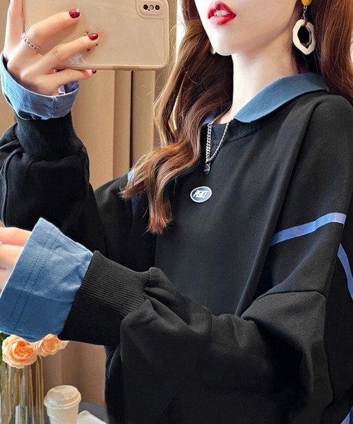 Miniministore(ミニミニストア)の「レイヤード風 スウェット 薄手トレーナー(Tシャツ/カットソー・レディース・イエロー/ホワイト/ブラック・FREE)」の9枚目の写真