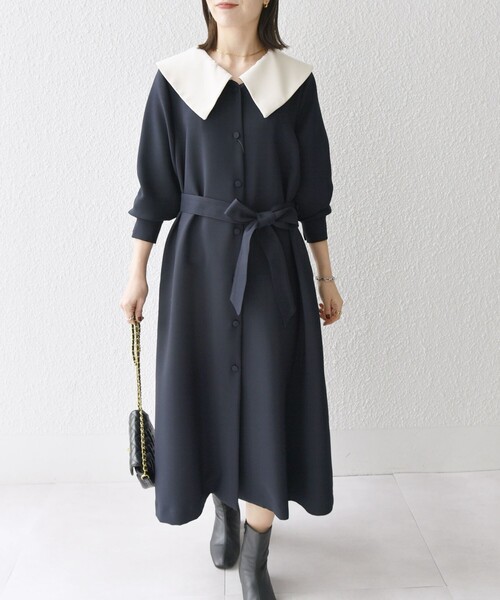 SHIPS any: ダブルクロスAラインシャツワンピース［NAVY BLUE］ セール】SHIPS any: 〈洗濯機可能〉ダブルクロス チェルシー