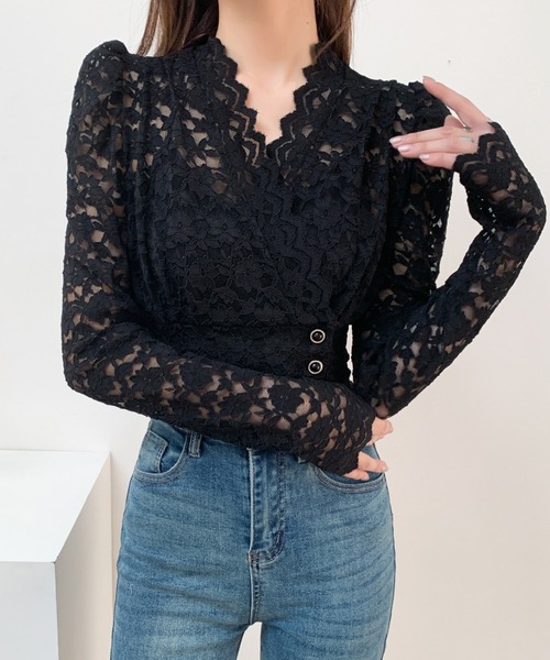 Diosfront(ディオスフロント)の「ショート丈カシュクールレースブラウス(シャツ/ブラウス・レディース・ベージュ/ブラック・FREE)」の5枚目の写真