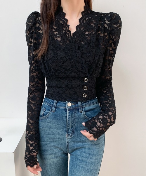 Diosfront(ディオスフロント)の「ショート丈カシュクールレースブラウス(シャツ/ブラウス・レディース・ベージュ/ブラック・FREE)」の6枚目の写真