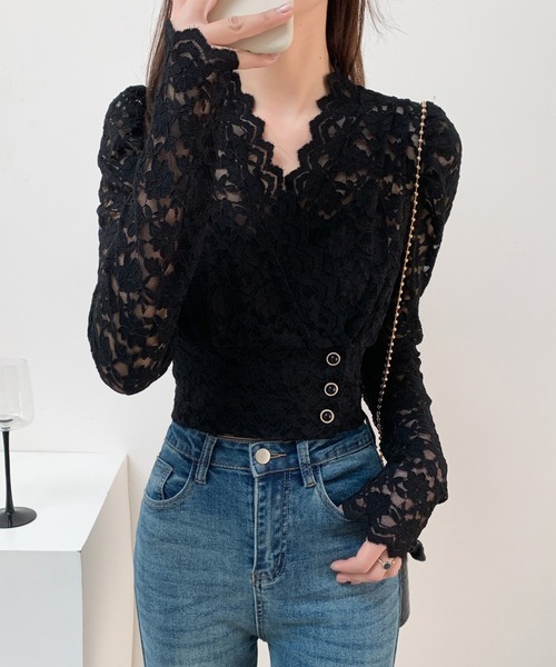 Diosfront(ディオスフロント)の「ショート丈カシュクールレースブラウス(シャツ/ブラウス・レディース・ベージュ/ブラック・FREE)」の10枚目の写真