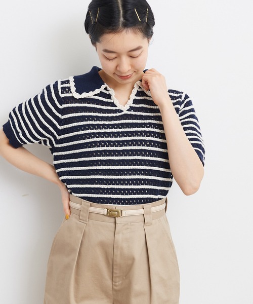 CHILD WOMAN（チャイルドウーマン）の「☆透かし編み ボーダーニットポロ（ポロシャツ・レディース・ネイビー/オレンジ/グリーン・FREE）」の2枚目の写真