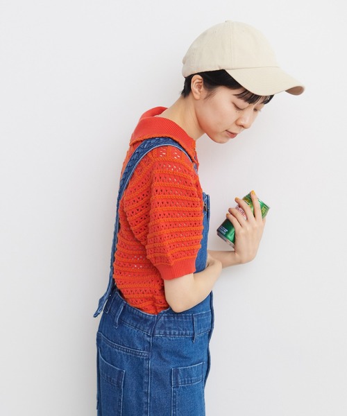 CHILD WOMAN（チャイルドウーマン）の「☆透かし編み ボーダーニットポロ（ポロシャツ・レディース・ネイビー/オレンジ/グリーン・FREE）」の4枚目の写真