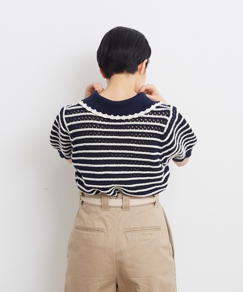 CHILD WOMAN（チャイルドウーマン）の「☆透かし編み ボーダーニットポロ（ポロシャツ・レディース・ネイビー/オレンジ/グリーン・FREE）」の9枚目の写真