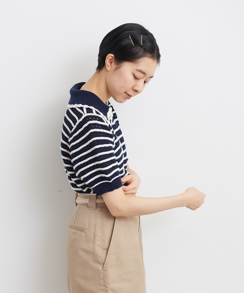 CHILD WOMAN（チャイルドウーマン）の「☆透かし編み ボーダーニットポロ（ポロシャツ・レディース・ネイビー/オレンジ/グリーン・FREE）」の10枚目の写真