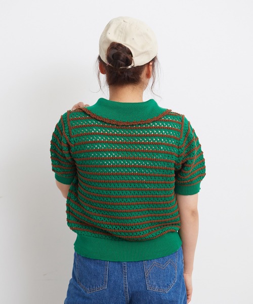 CHILD WOMAN（チャイルドウーマン）の「☆透かし編み ボーダーニットポロ（ポロシャツ・レディース・ネイビー/オレンジ/グリーン・FREE）」の22枚目の写真