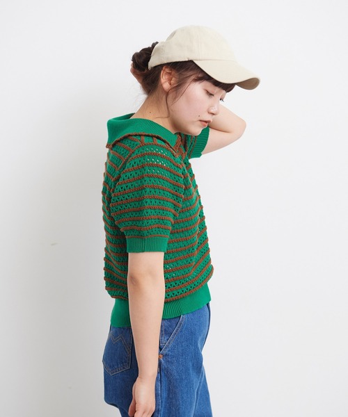 透かし編みのニットポロ 透かし編み ポリニットポロシャツ L/S（ニット／セーター