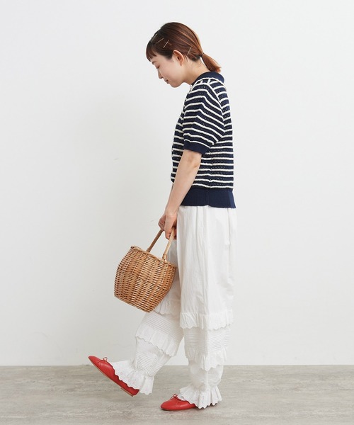 CHILD WOMAN（チャイルドウーマン）の「☆透かし編み ボーダーニットポロ（ポロシャツ・レディース・ネイビー/オレンジ/グリーン・FREE）」の18枚目の写真