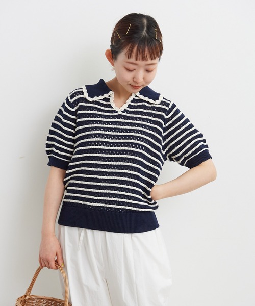 CHILD WOMAN（チャイルドウーマン）の「☆透かし編み ボーダーニットポロ（ポロシャツ・レディース・ネイビー/オレンジ/グリーン・FREE）」の14枚目の写真