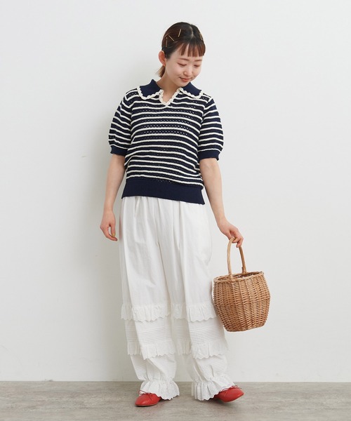 CHILD WOMAN（チャイルドウーマン）の「☆透かし編み ボーダーニットポロ（ポロシャツ・レディース・ネイビー/オレンジ/グリーン・FREE）」の17枚目の写真