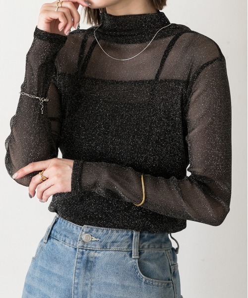 ad thie(アドティエ)の「ハイネック シアーラメトップス(Tシャツ/カットソー・レディース・ブラック/アイボリー・FREE)」の2枚目の写真