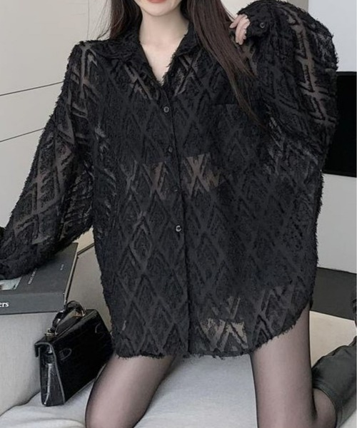 CANVAS+（キャンバスプラス）の「【CANVAS+】ひし形シアーシャツ（シャツ/ブラウス・レディース・ホワイト/ブラック・M）」の2枚目の写真