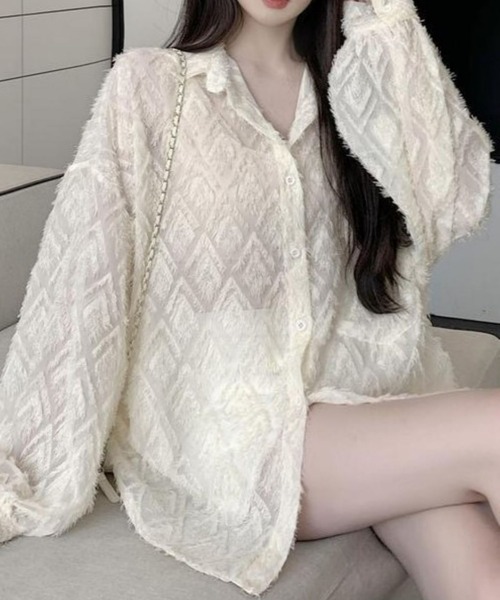 CANVAS+（キャンバスプラス）の「【CANVAS+】ひし形シアーシャツ（シャツ/ブラウス・レディース・ホワイト/ブラック・M）」の6枚目の写真