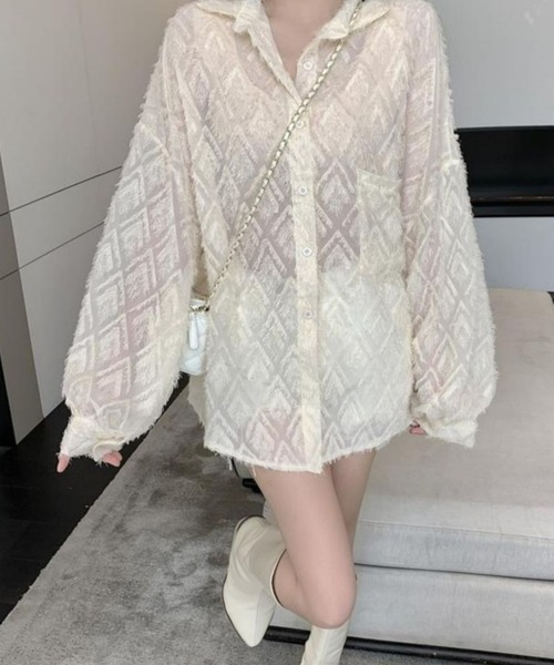 CANVAS+（キャンバスプラス）の「【CANVAS+】ひし形シアーシャツ（シャツ/ブラウス・レディース・ホワイト/ブラック・M）」の14枚目の写真