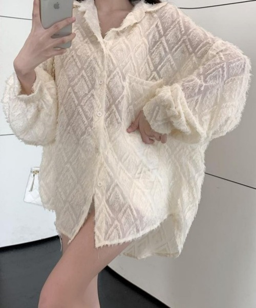 CANVAS+（キャンバスプラス）の「【CANVAS+】ひし形シアーシャツ（シャツ/ブラウス・レディース・ホワイト/ブラック・M）」の7枚目の写真