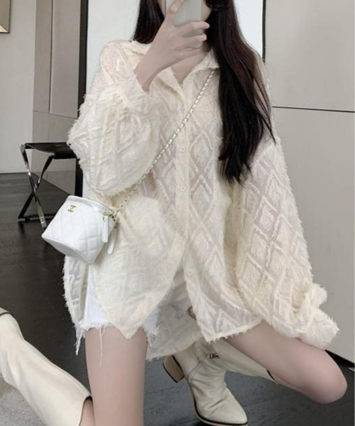 CANVAS+（キャンバスプラス）の「【CANVAS+】ひし形シアーシャツ（シャツ/ブラウス・レディース・ホワイト/ブラック・M）」の8枚目の写真