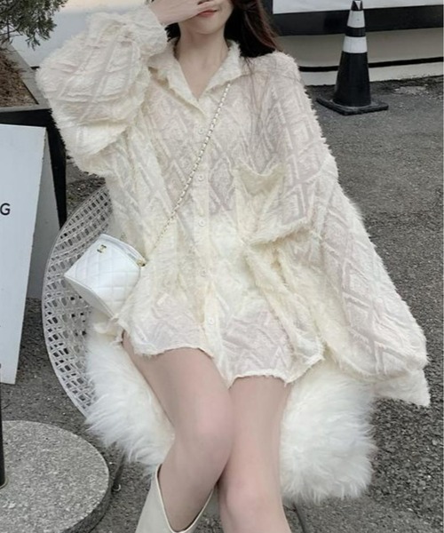 CANVAS+（キャンバスプラス）の「【CANVAS+】ひし形シアーシャツ（シャツ/ブラウス・レディース・ホワイト/ブラック・M）」の9枚目の写真