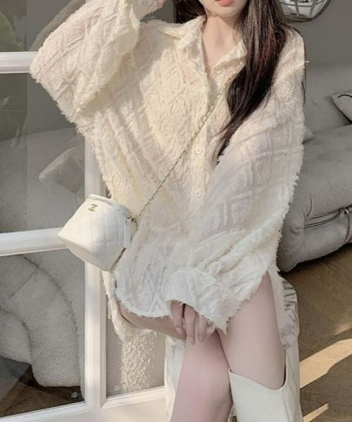 CANVAS+（キャンバスプラス）の「【CANVAS+】ひし形シアーシャツ（シャツ/ブラウス・レディース・ホワイト/ブラック・M）」の10枚目の写真