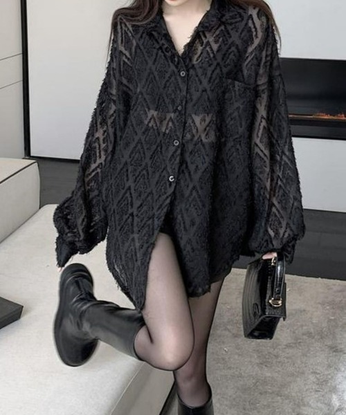 CANVAS+（キャンバスプラス）の「【CANVAS+】ひし形シアーシャツ（シャツ/ブラウス・レディース・ホワイト/ブラック・M）」の21枚目の写真