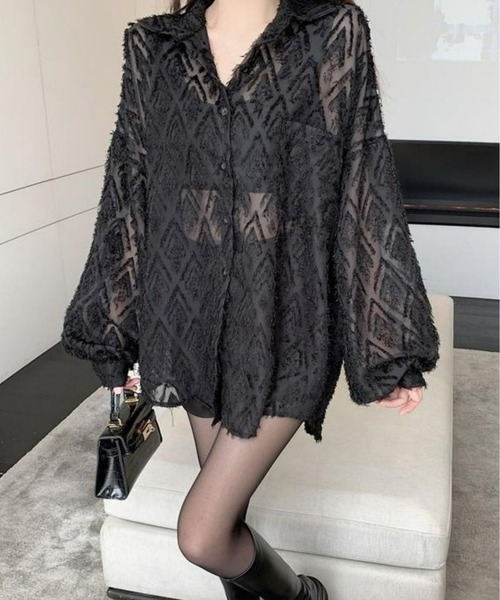 CANVAS+（キャンバスプラス）の「【CANVAS+】ひし形シアーシャツ（シャツ/ブラウス・レディース・ホワイト/ブラック・M）」の22枚目の写真