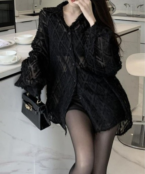 CANVAS+（キャンバスプラス）の「【CANVAS+】ひし形シアーシャツ（シャツ/ブラウス・レディース・ホワイト/ブラック・M）」の3枚目の写真