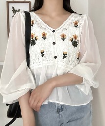 花柄切り替えシアートップス