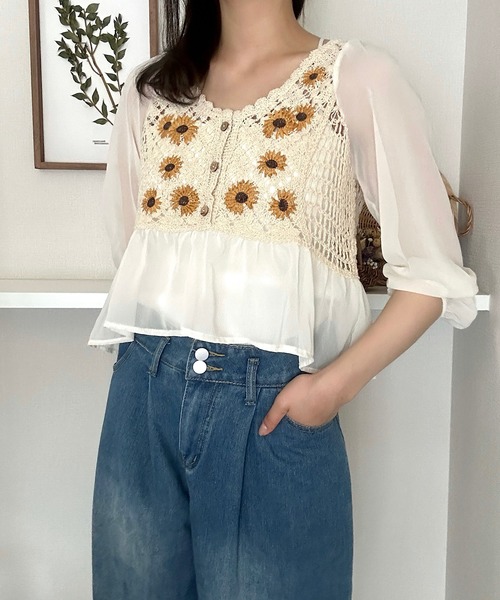 sacai トップス 半袖 1 プリーツ シアー 切り替え花柄 Sacai】バック花柄切り替え Tシャツ【送料関税込】 (sacai/T