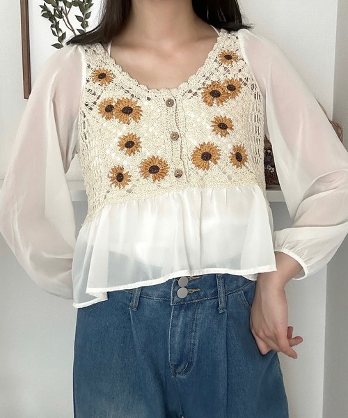 シアートップス　花柄 花柄切り替えシアートップス（シャツ/ブラウス）｜Cham.（チャム