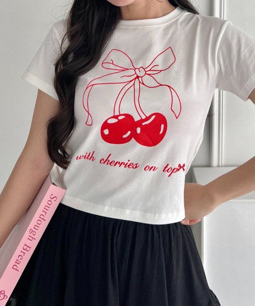 Loueme(ルエム)の「チェリーリボンミニTシャツ(Tシャツ/カットソー・レディース・ブラック/レッド・FREE)」の3枚目の写真