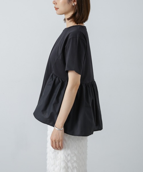 NANO universe（ナノユニバース）の「布帛コンビギャザーカットトップス（Tシャツ/カットソー・レディース・ホワイト/ブルーグレー/ブラック・FREE）」の5枚目の写真