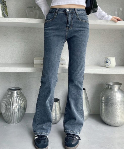 韓国スタイルウォッシュドフレアデニムパンツ ウォッシュドフレアデニムパンツ(WASHED JEAN BLUE