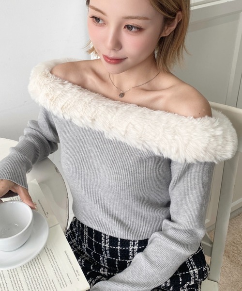 SHENERY ニット セーター ファーウールオフショルニット レディース