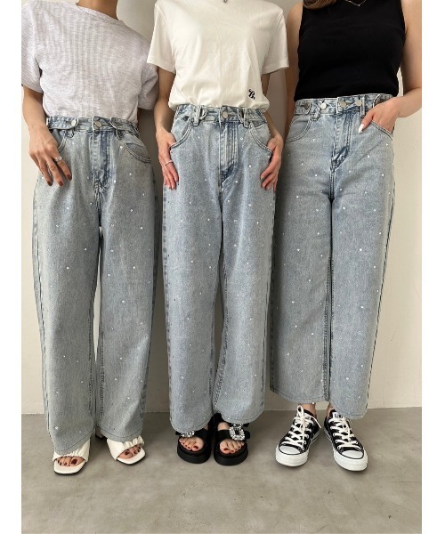 【ウエストサイズ調整可能】ワイドデニムパンツ ウエストサイズ調整可能】カットアウトリボンワイドデニムパンツ
