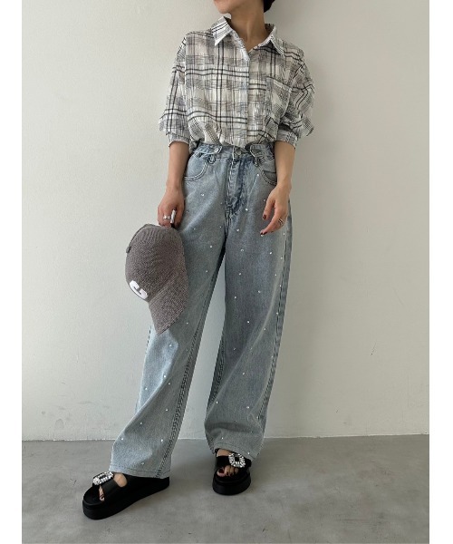 DAIS-Y（デイジー）の「【低身長サイズ有】Original size ウエスト調整可　ストーンデザインワイドデニムパンツ（デニムパンツ・レディース・ブルー系その他・S/M）」の5枚目の写真