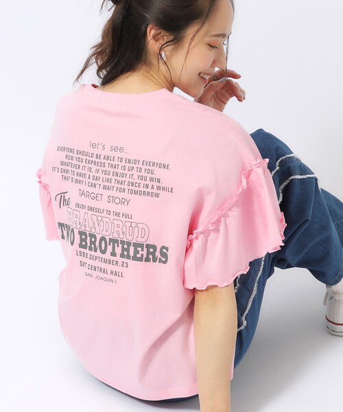 Cutie Blonde(キューティーブロンド)の「◆【綿100%】フリルスリーブ プリントTシャツ(Tシャツ/カットソー・レディース・チャコールグレー/ホワイト系/ピンク・04/03/02)」の3枚目の写真