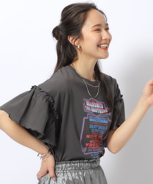 セール】【綿100％】フリルスリーブ プリントTシャツ（Tシャツ