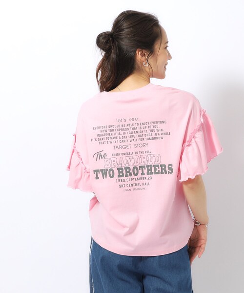 Cutie Blonde(キューティーブロンド)の「◆【綿100%】フリルスリーブ プリントTシャツ(Tシャツ/カットソー・レディース・チャコールグレー/ホワイト系/ピンク・04/03/02)」の6枚目の写真