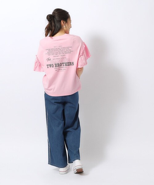 セール】【綿100％】フリルスリーブ プリントTシャツ（Tシャツ