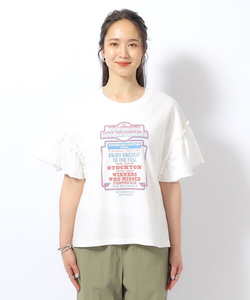 セール】【綿100％】フリルスリーブ プリントTシャツ（Tシャツ