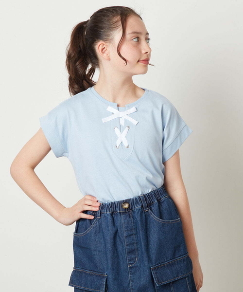 a.v.v（アーヴェヴェ）の「[100-130]フロントレースUPTシャツ（Tシャツ/カットソー・キッズ・ブラック/ダークインディゴブルー/アイボリー・130/110/120/100）」の8枚目の写真