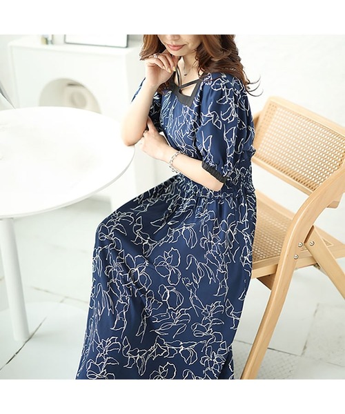 モダン花柄配色クロスネックワンピース（ワンピース）｜GOLDJAPAN